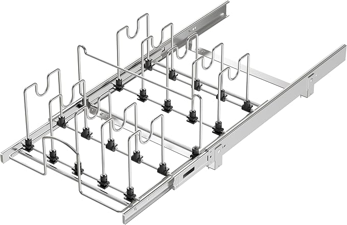 Pull Out Pots and Pans Organizer Under Cabinet, Sliding Adjustable Pot Rack with 11 Adjustable Dividers, Chromeplating Pot and Pan Holder Rack, Full-Extension Rail 15" W X 22" D