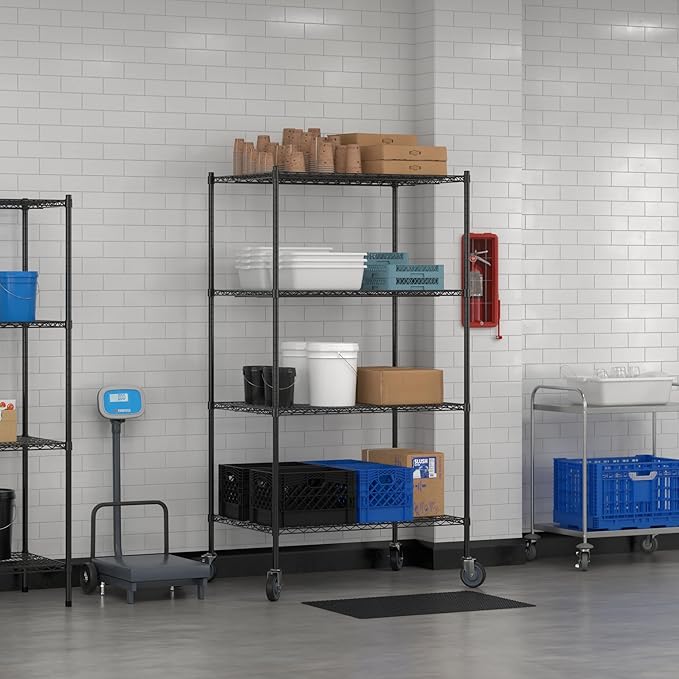 Commercial NSF Listed Black Epoxy Mobile Wire Shelving Kit 30" x 42" x 80", with 4 Shelves Perfect for Warehouse, Walk-in Refrigerator, Freezer, Grocery Store, Restaurant, Dishroom