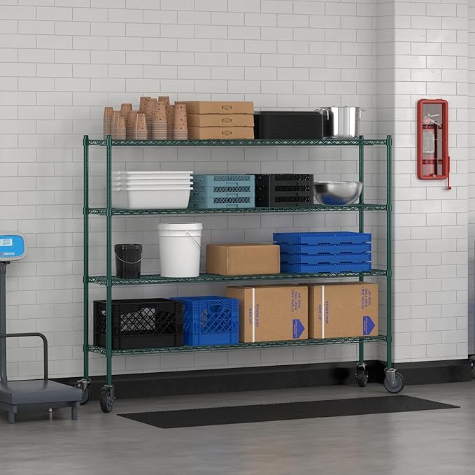 Commercial NSF Listed Green Epoxy Mobile Wire Shelving Kit 14" x 72" x 60", with 4 Shelves Perfect for Warehouse, Walk-in Refrigerator, Freezer, Grocery Store, Restaurant, Dishroom