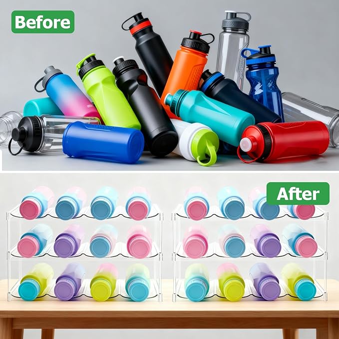 acDesign 2PCS 3 Tier Stackable Water Bottle Organizer, Large Compartment Water Bottle Holder, Clear Water Bottle Organizer for Cabinet, Bottle Rack for Cabinet Home Countertop Fridge Pantry Shelf