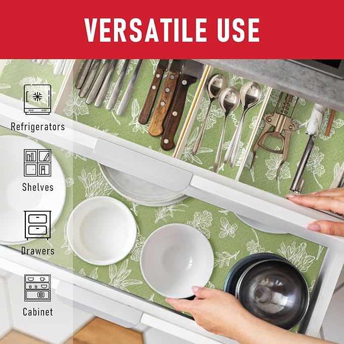 Cooyes Large Fridge Liners for Refrigerator, 17.7" × 24", Drawer & Shelf Liners for Kitchen Cabinets Non-Adhesive, Breathable Cloth Material, Non-Slip, Keep Produce Fresh Longer, Sage Green