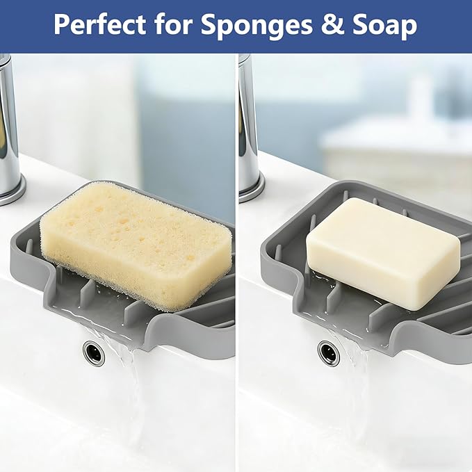 Silicone Soap Dish for Shower and Bathroom - Small Bar Soap Holder with Self Draining Spout - Non-Slip Sink Tray Organizer for Kitchen Counter and Narrow Ledge, Gray (3.5" x 5")