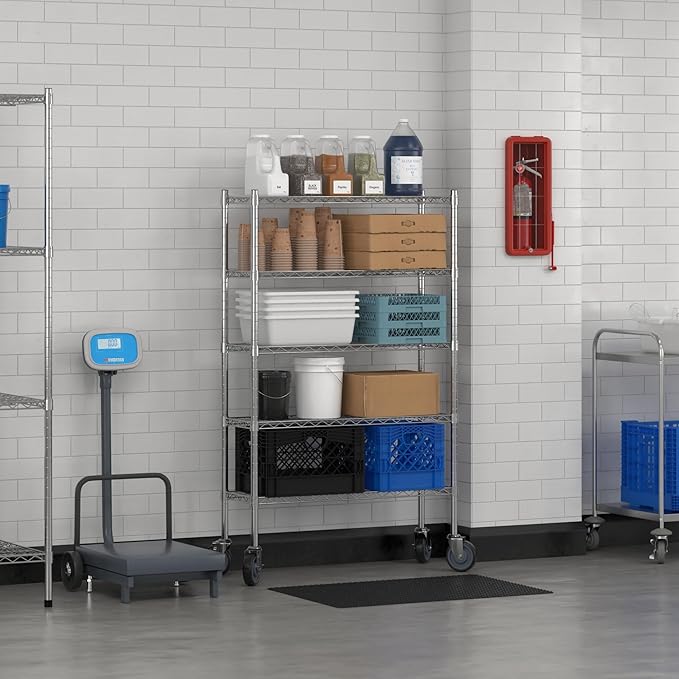 Commercial NSF Listed Chrome Mobile Wire Shelving Kit 12" x 36" x 60", with 5 Shelves Perfect for Warehouse, Walk-in Refrigerator, Freezer, Grocery Store, Restaurant, Dishroom