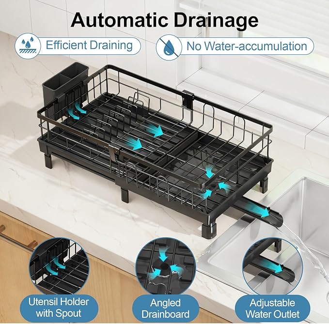 GSlife Expandable Dish Drying Rack for Kitchen Counter - Compact Rust-Resistant Dish Racks with and Cup Holder for Small Apartment, 12.2" W x 12"-20.5" L, Black