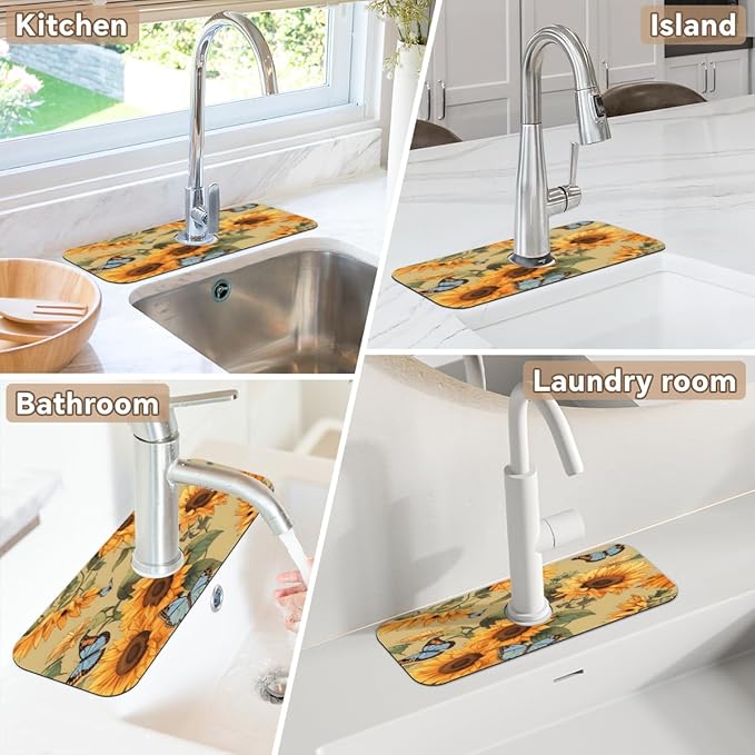 Sunflower Butterfly Pattern Kitchen Faucet Mat Splash Guard, 15.4”x5.7” Absorbent Quick Drying Sink Mat for Countertop Protection, Draining Mat Sink Protectors For Kitchen Bathroom, 1 Pack