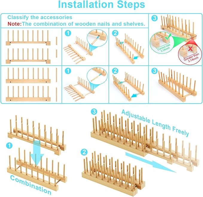 Bamboo Dish Rack - Expandable Plate Rack & Dish Drying Rack for Kitchen Cabinet Storage, Adjustable Multi-Functional Design Organizer for Plates, Cups, Pots, Cutting Boards (Natural Bamboo) 2 PACK