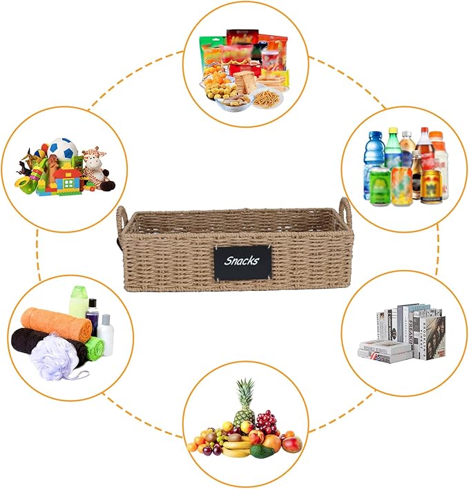 Snack Organizer for Countertop, Snack organizer snack basket tray with Handles, Paper Rope Wicker Basket snack Bar Station Decor, Food Storage Container for Pantry Organizer and Storage