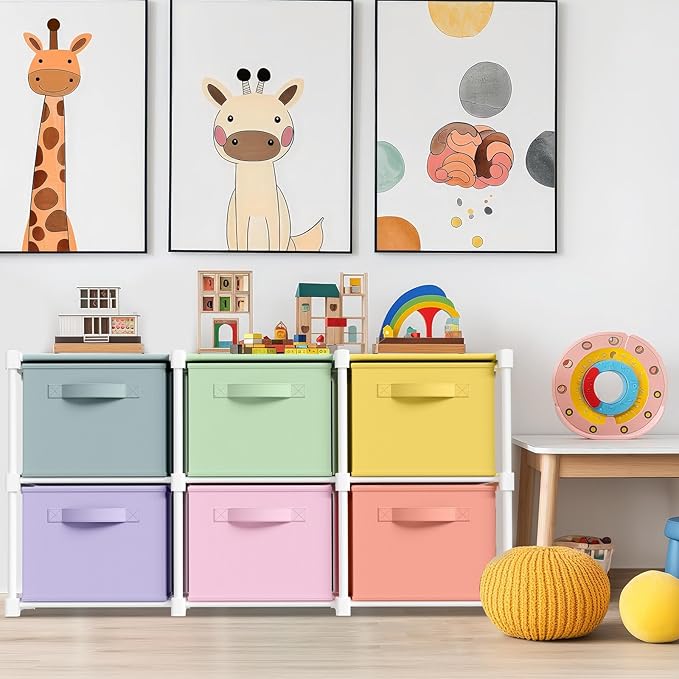 Thyle Large Cube Storage Organizer Shelf with 6 Bins 14 Inch Fabric Collapsible Cubby Storage Drawers Shelving Unit for Christmas Ornaments Clothes Toys Craft(Pastel,Colorful)