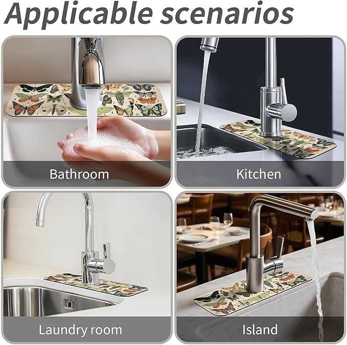 Kitchen Sink Splash Guard,moths and butterflies Faucet Mat Sink Gadgets-Super Absorbent Fast Drying Mat Drip Catcher for Kitchen, Bathroom,Sink Mat, Dish Drying Mat, Bathroom(15" X 5.5" )