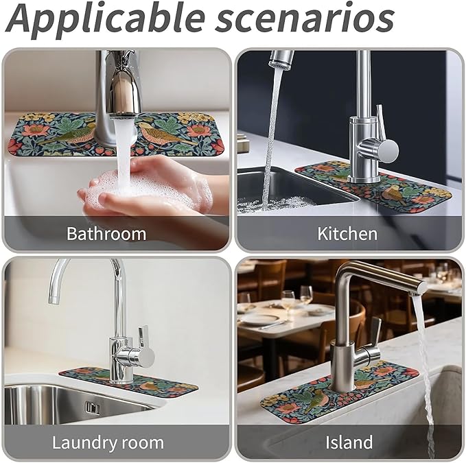 Kitchen Sink Splash Guard,Birds and strawberries Faucet Mat Sink Gadgets-Super Absorbent Fast Drying Mat Drip Catcher for Kitchen, Bathroom,Sink Mat, Dish Drying Mat, Bathroom(15" X 5.5" )