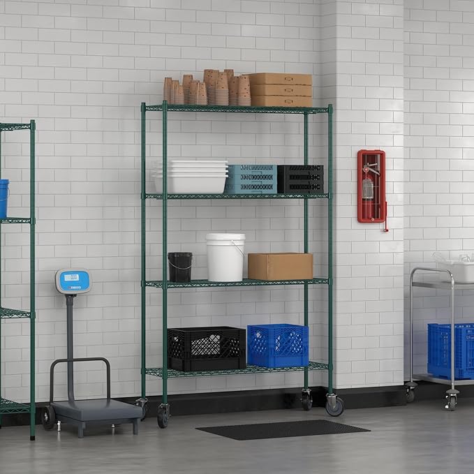 Commercial NSF Listed Green Epoxy Mobile Wire Shelving Kit 14" x 48" x 80", with 4 Shelves Perfect for Warehouse, Walk-in Refrigerator, Freezer, Grocery Store, Restaurant, Dishroom