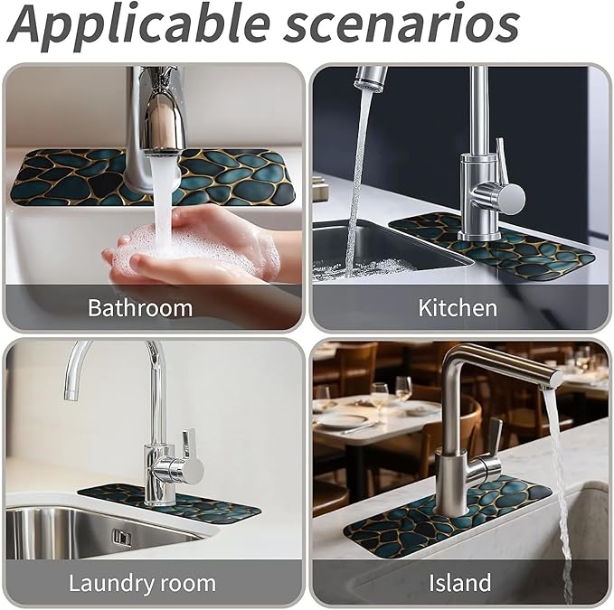 Kitchen Sink Splash Guard,Blue and gold stones Faucet Mat Sink Gadgets-Super Absorbent Fast Drying Mat Drip Catcher for Kitchen, Bathroom,Sink Mat, Dish Drying Mat, Bathroom(15" X 5.5" )
