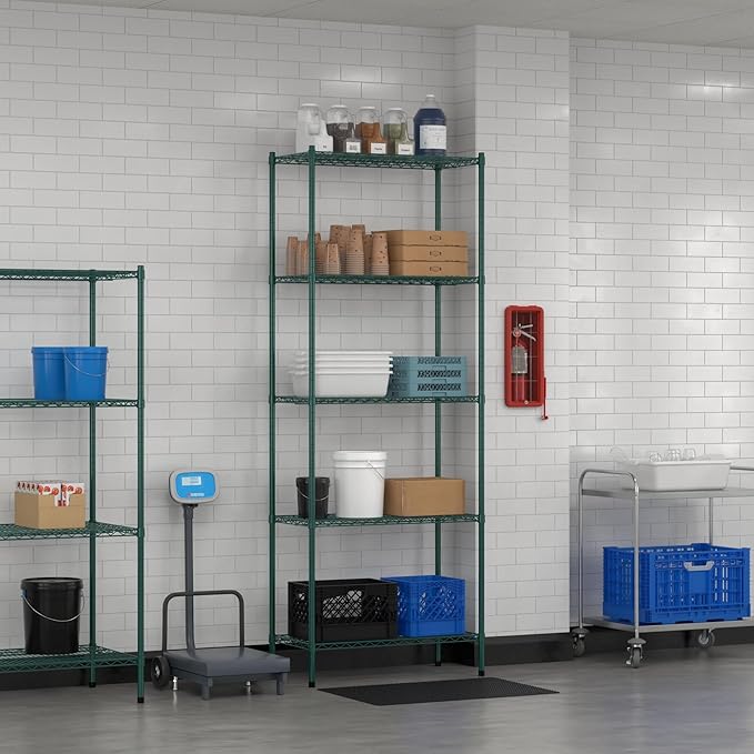 Commercial NSF Listed Green Epoxy Stationary Wire Shelving Kit 18" x 36" x 96", with 5 Shelves Perfect for Warehouse, Walk-in Refrigerator, Freezer, Grocery Store, Restaurant, Dishroom