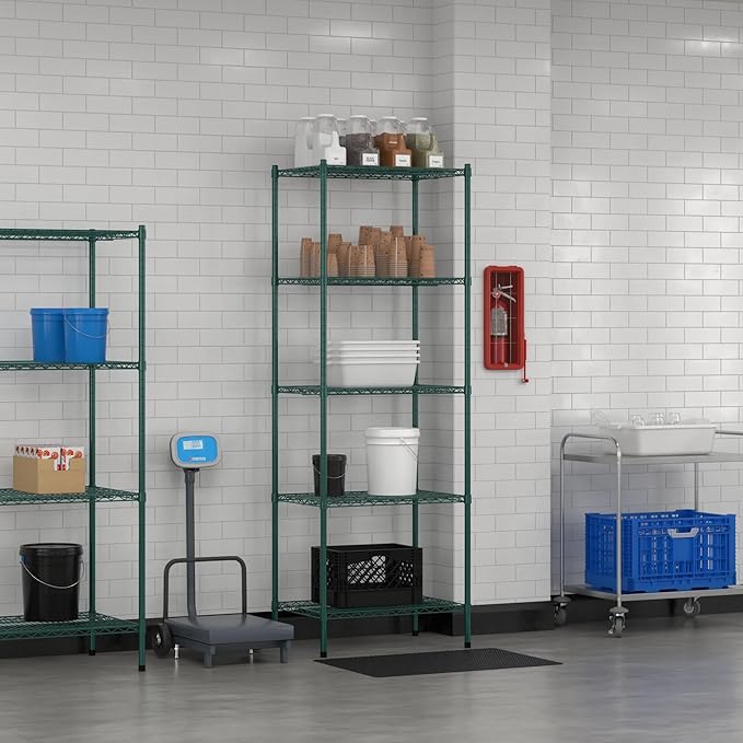 Commercial NSF Listed Green Epoxy Stationary Wire Shelving Kit 21" x 30" x 86", with 5 Shelves Perfect for Warehouse, Walk-in Refrigerator, Freezer, Grocery Store, Restaurant, Dishroom