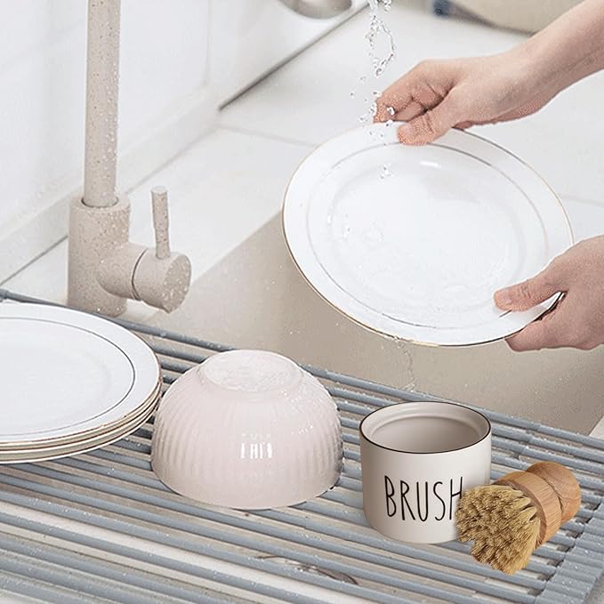 ONTUBE Ceramic Dish Brush Holder, Farmhouse Scrub Brush Holder Dishwashing Brush Stand, Soap Dispensing Kitchen Brushes Holder (White)