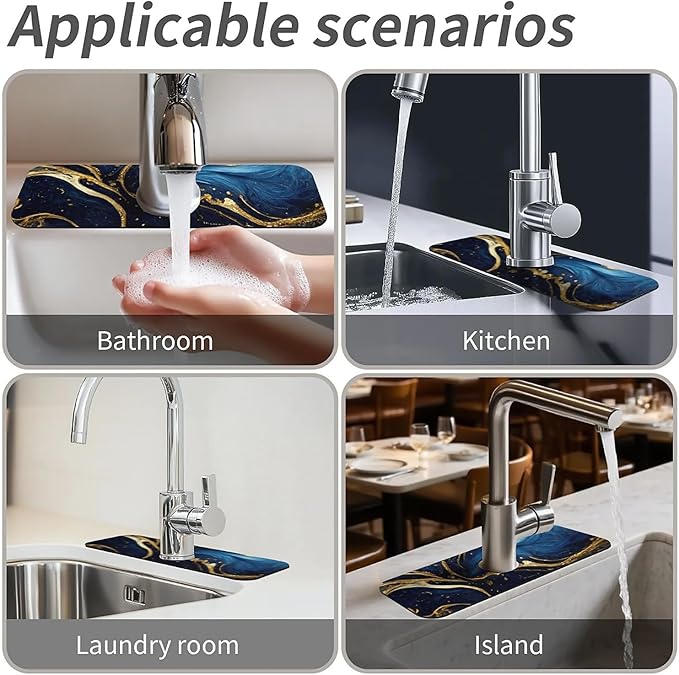 Kitchen Sink Splash Guard,Blue and gold marble texture Faucet Mat Sink Gadgets-Super Absorbent Fast Drying Mat Drip Catcher for Kitchen, Bathroom,Sink Mat, Dish Drying Mat, Bathroom(15" X 5.5" )
