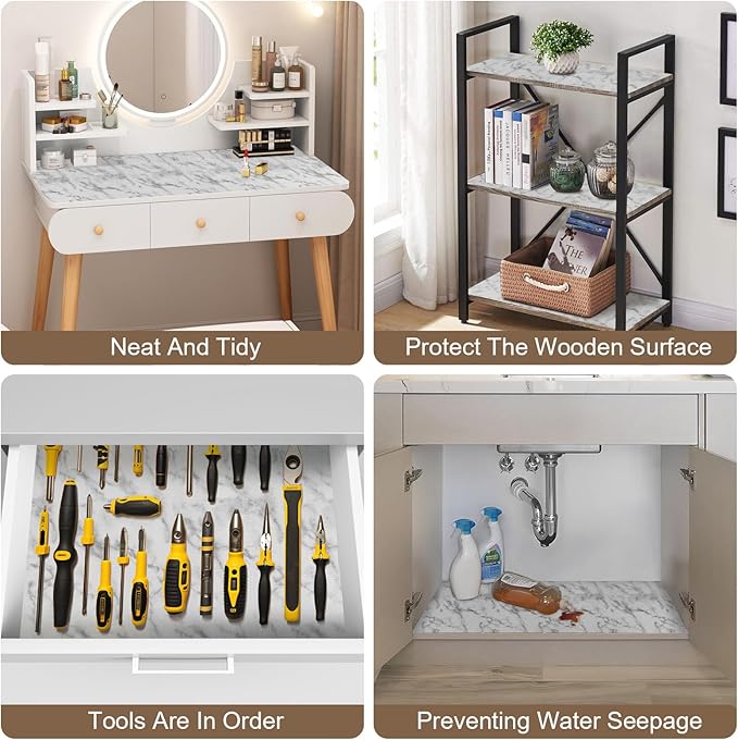 OcePor Non-Adhesive Drawer and Shelf Liner 24IN x 30FT,Non Slip Cabinet and Cupboard Liner, Kitchen Cabinet Liners for Shelves, Waterproof Drawer Shelf Liners for Cabinets/Bathroom Cupboard, Marble