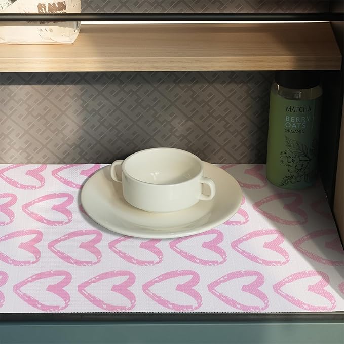 Amiitay Pink Heart Drawer Liner for Cabinets, Shelf Liner Non-Adhesive and Strong Non-Slip Cabinet Drawer Liners for Kitchen,Table,Bookshelves,Waterproof Cupboard Liners,12IN x 10FT