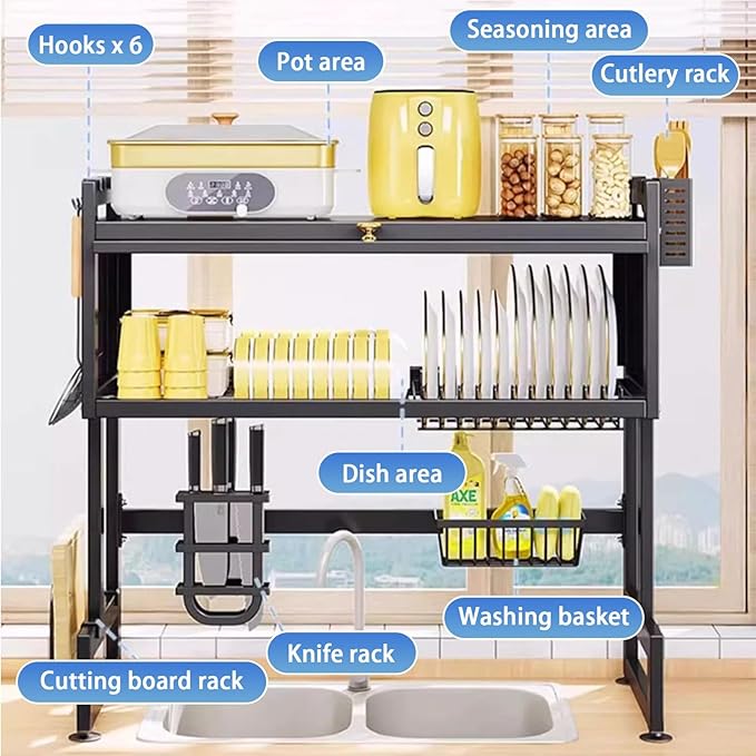 Over Sink Dish Drying Rack 2 Tier Stainless Steel Dish Drainer with Cover and Utensil Holders Large Capacity Space Saving Kitchen Organizer
