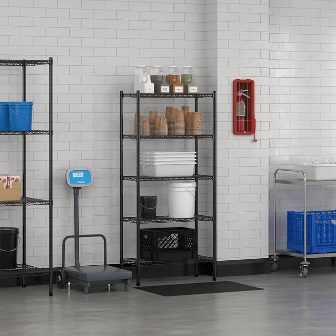 Commercial NSF Listed Black Epoxy Stationary Wire Shelving Kit 14" x 30" x 64", with 5 Shelves Perfect for Warehouse, Walk-in Refrigerator, Freezer, Grocery Store, Restaurant, Dishroom