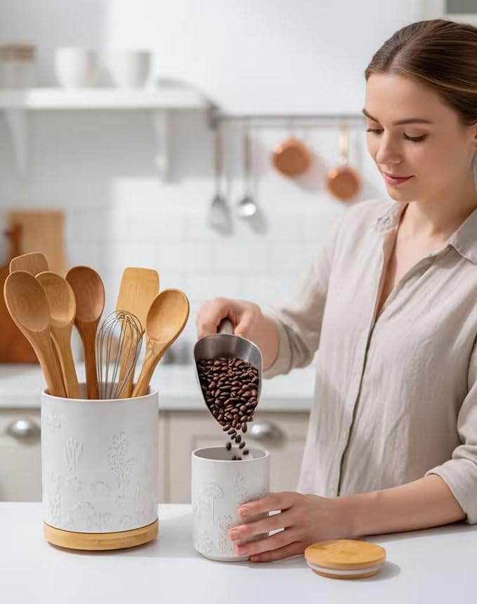 TEATALK Utensil Holder Set of 2, 7.7"+5.7" Ceramic Kitchen Utensil Holder for Countertop, Farmhouse Vintage Utensil Crock for Cooking Utensils, Large Utensil Organizer (Flower Butterfly)