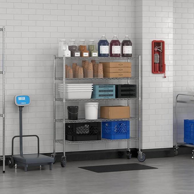 Commercial NSF Listed Chrome Mobile Wire Shelving Kit 14" x 48" x 60", with 5 Shelves Perfect for Warehouse, Walk-in Refrigerator, Freezer, Grocery Store, Restaurant, Dishroom