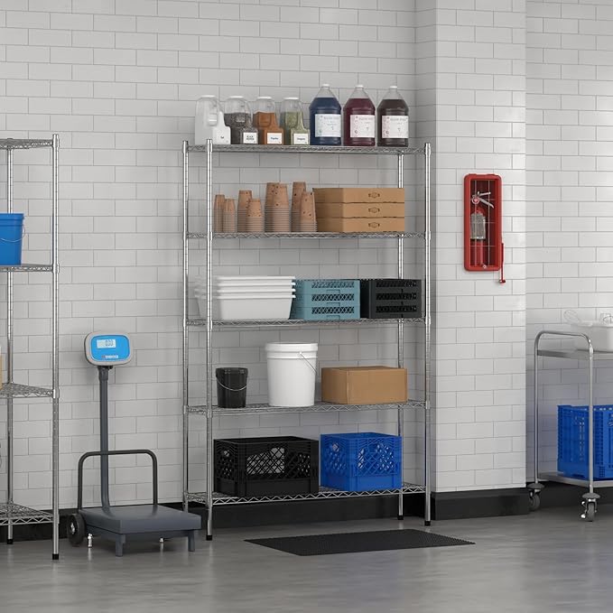Commercial NSF Listed Chrome Stationary Wire Shelving Kit 12" x 48" x 74", with 5 Shelves Perfect for Warehouse, Walk-in Refrigerator, Freezer, Grocery Store, Restaurant, Dishroom