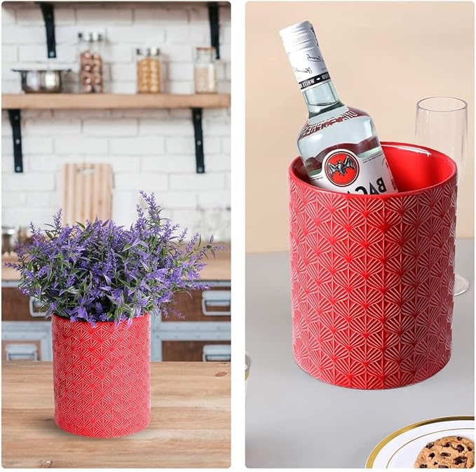 Ceramic Utensils Holder,Extra Large Stable Ceramic Cooking Tool Organizer Set for Kitchen,For Countertop ,Red