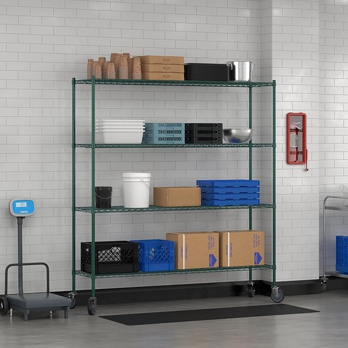Commercial NSF Listed Green Epoxy Mobile Wire Shelving Kit 18" x 72" x 80", with 4 Shelves Perfect for Warehouse, Walk-in Refrigerator, Freezer, Grocery Store, Restaurant, Dishroom