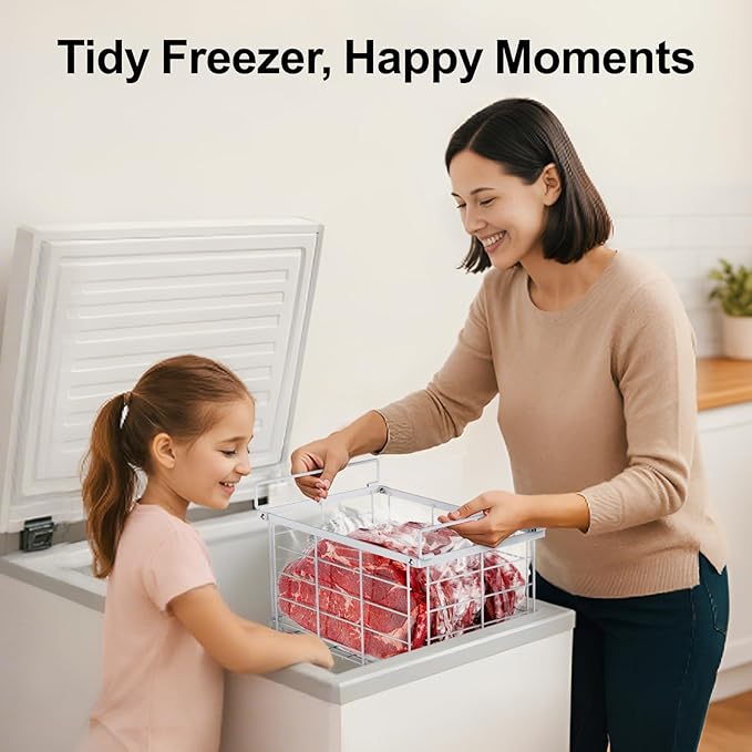 iSPECLE Deep Freezer Organizer Bins - for 5 to 7 Cu.Ft Chest Freezer, 3 Pack Easy Access Stackable Freezer Organizer Bins with Handles, Heavy Duty for Meat and Frozen Food, Assembly Required, White