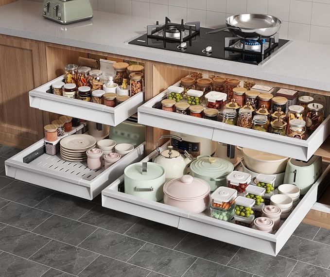 4 Pack Pull Out Cabinet Organizer Expandable Width (15"-24.8") & Depth (16.2"-23.6"), 3 Slide Rails Slide Out Drawers with Handle, Includes Raising Pad for Framed Cabinets, White