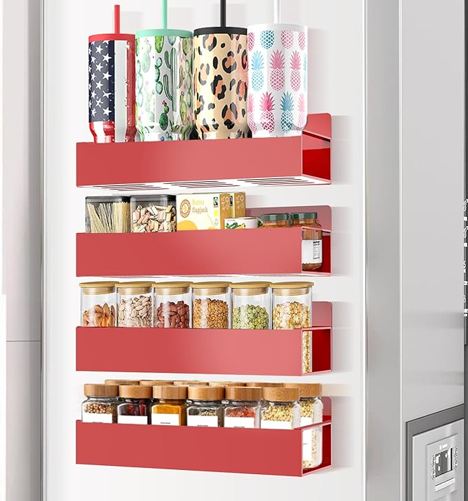 SMRCAD Magnetic Spice Rack for Refrigerator Seasoning Organizer for Spice Fridge Shelf storage Magnetic Shelf with Hook for Oven(6pack) (4pack-Red)