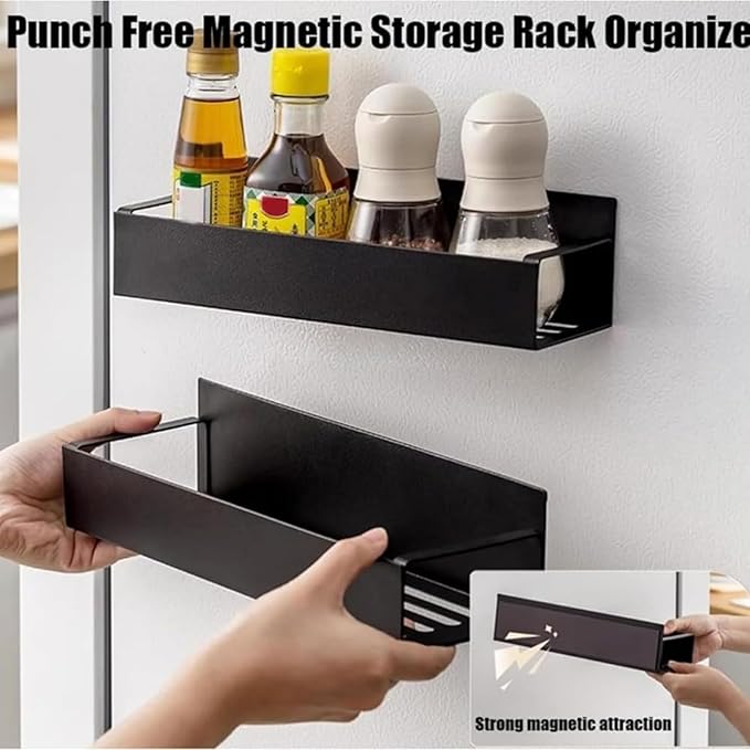 Punch-Free Magnetic Storage Rack Organize - Space-Saving Kitchen Organizer, Multifunctional Movable Magnetic Shelf for Refrigerator, Versatile Metal Organizer for Holding Spices, Jars (Black, S)