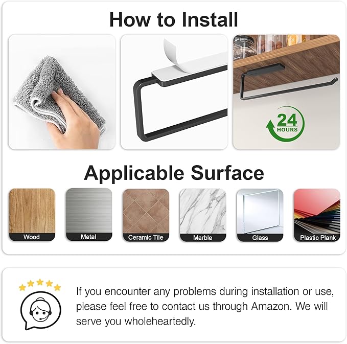 Paper Towel Holder Under Cabinet - Wall Mounted Paper Towel Holder No Drilling, Adhesive Under Cabinet Roll Holder, Black Kitchen Towel Holder, 31 x 8 x 3.5 cm, Aluminum, Black