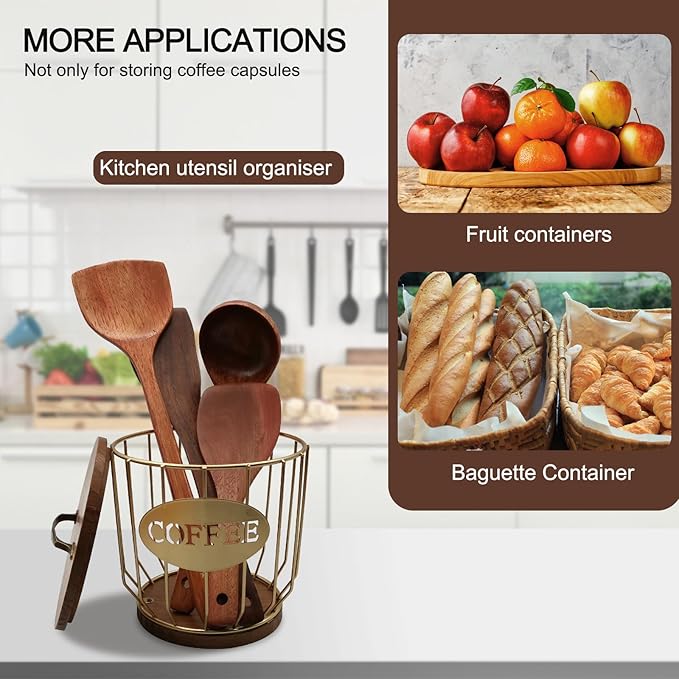 Round Coffee Pods Holder with Wooden Lid and Base,Wire Coffee Pods Storage Basket for Home Cafe Bar Countertop Decor(Gold)