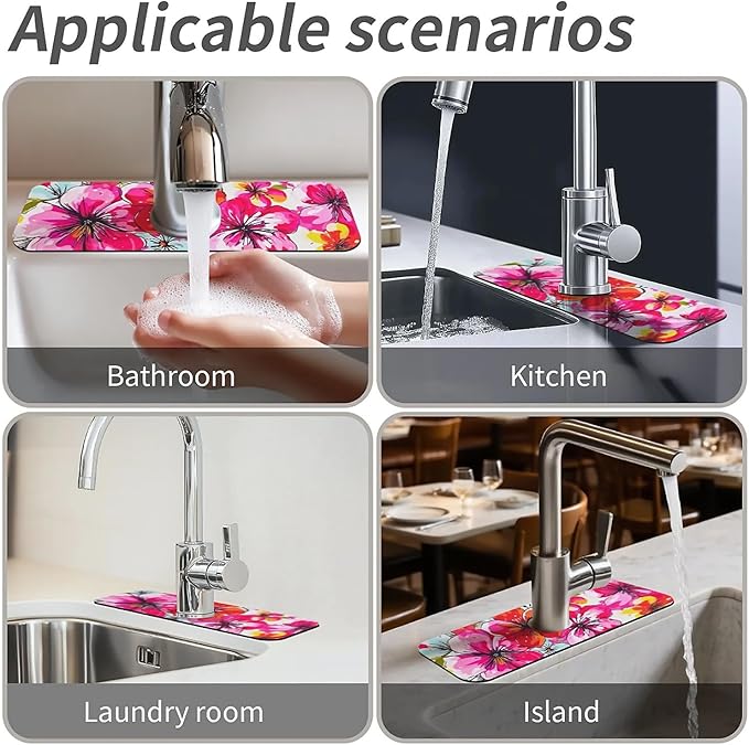 Kitchen Sink Splash Guard,Colorful fantastical flowers Faucet Mat Sink Gadgets-Super Absorbent Fast Drying Mat Drip Catcher for Kitchen, Bathroom,Sink Mat, Dish Drying Mat, Bathroom(15" X 5.5" )