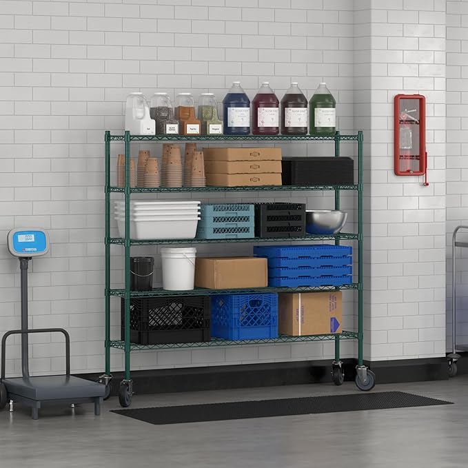 Commercial NSF Listed Green Epoxy Mobile Wire Shelving Kit 12" x 60" x 60", with 5 Shelves Perfect for Warehouse, Walk-in Refrigerator, Freezer, Grocery Store, Restaurant, Dishroom