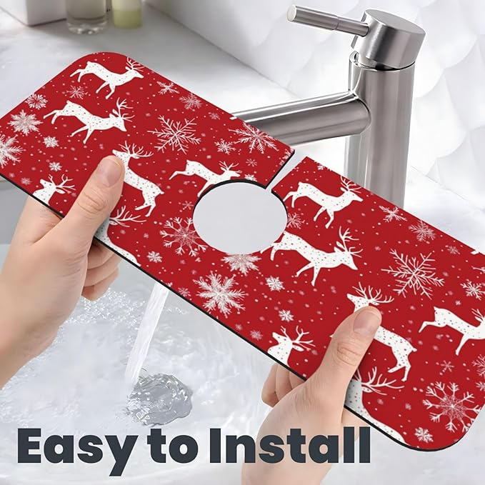 Sink Faucet Mat Deer Snowflakes Kitchen Splash Guard Absorbent Bathroom Sink Mat Around Faucet 15" x 5.5" Drying Mats Stone Draining Mat