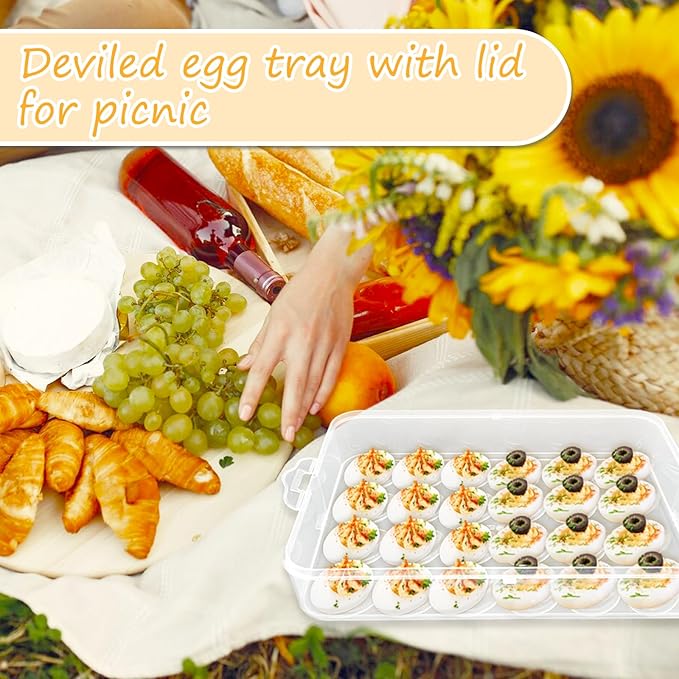 3 Layer Deviled Egg Trays Containers with Lid,Plastic Refrigerator Egg Carrier with Handle for 72 holes,Clear Storage Platter for Portable Devil Egg,Easter Thanksgiving