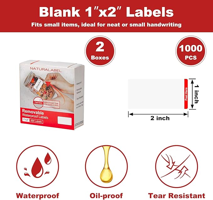 NATURALABEL 1000 PCS Blank Removable Freezer Labels with Dispenser - 1" x 2" Food Labels for Meal Prep Containers, Easy Peel-Off Design, No Residue