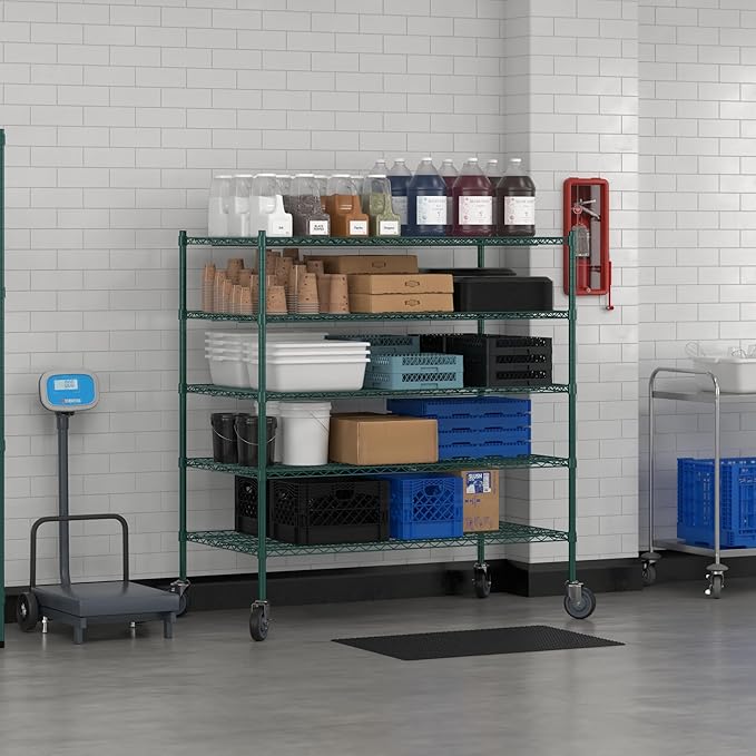 Commercial NSF Listed Green Epoxy Mobile Wire Shelving Kit 30" x 54" x 60", with 5 Shelves Perfect for Warehouse, Walk-in Refrigerator, Freezer, Grocery Store, Restaurant, Dishroom