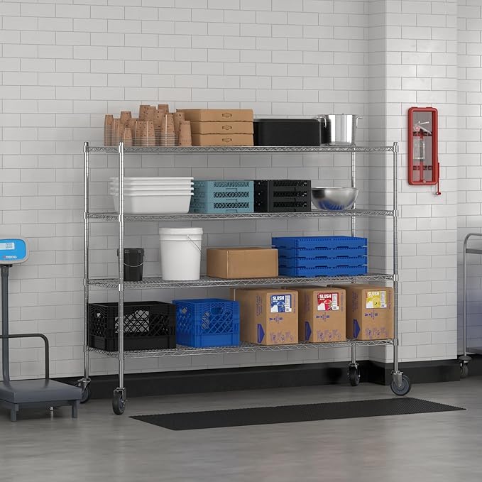 Commercial NSF Listed Chrome Mobile Wire Shelving Kit 21" x 72" x 60", with 4 Shelves Perfect for Warehouse, Walk-in Refrigerator, Freezer, Grocery Store, Restaurant, Dishroom