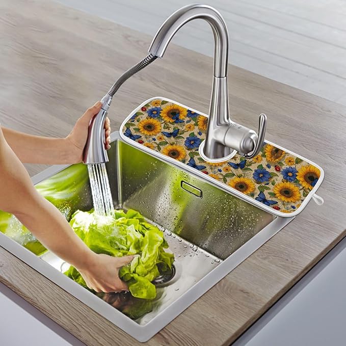 2 PCS Kitchen Sink Splash Guard 30 Inch Faucet Mat for Kitchen Sink Bathroom Sink Faucet Absorbing Drip Drain Mat Pad Microfiber Soft Washable Vintage Beige and Blue Sunflowers Butterflies