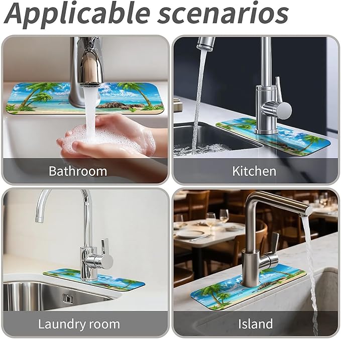 Kitchen Sink Splash Guard,Summer coconut Beach dolphins Faucet Mat Sink Gadgets-Super Absorbent Fast Drying Mat Drip Catcher for Kitchen, Bathroom,Sink Mat, Dish Drying Mat, Bathroom(15" X 5.5" )