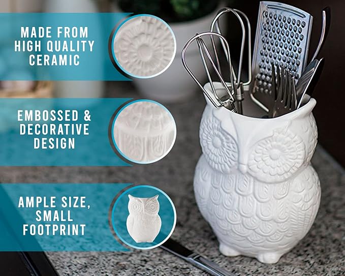 Comfify Owl Utensil Holder Decorative Ceramic Cookware Crock & Organizer, in Lovely White Color - Utensil Shaped Caddy and Perfect Kitchen Ceramic Decor Gift for Countertop - 5” x 7” x 4” Size