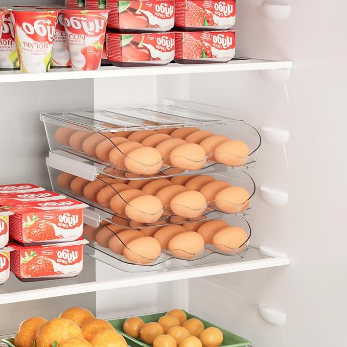 Egg Holder for Fridge 54 Capacity Automatic Rolling Egg Organizer for Refrigerator, Clear Stackable Container for Kitchen or Pantry Storage 3 Pack