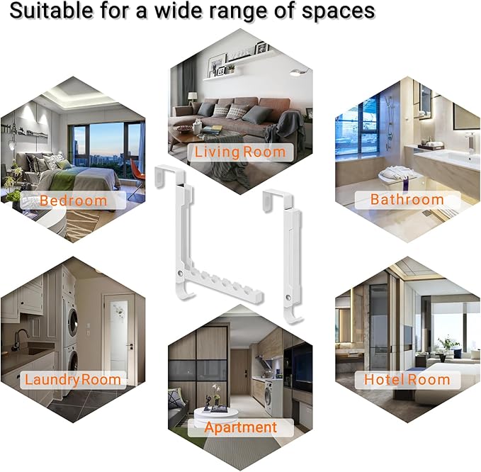 2-Pack Foldable Over The Door Organizer Hanger, 7-in-1 Space Saver with 6 Grooves & 1 Always-Usable Hook for Coat, Bag, Towel - Ideal for Entryway, Bedroom, Bathroom, Dorm, Travel, White