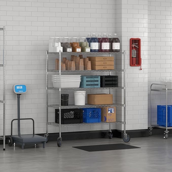 Commercial NSF Listed Chrome Mobile Wire Shelving Kit 21" x 48" x 60", with 5 Shelves Perfect for Warehouse, Walk-in Refrigerator, Freezer, Grocery Store, Restaurant, Dishroom
