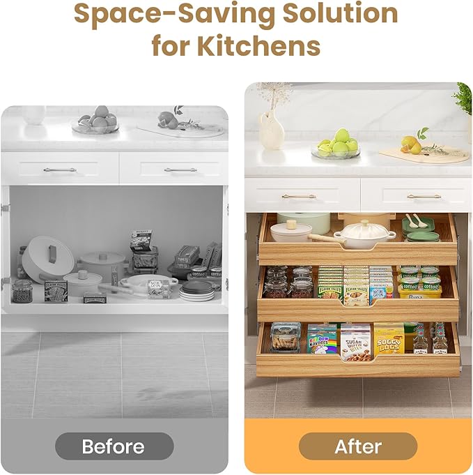 ROOMTEC 3 Tier Pull Out Cabinet Organizer, Heavy-Duty Pull Out Drawer, Slide Out Wood Shelf for Cabinets, Base Cabinet Organization for Pantry, Bathroom (27" Wx21 D)
