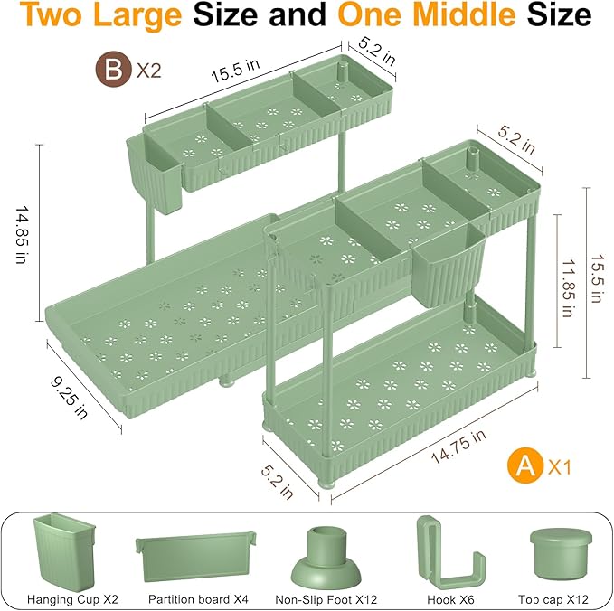 3 Pack Multi-Purpose Under Sink Organizers and Storage, 2025 L-Shaped Pull Out Cabinet Organizer for Bathroom & Kitchen, Under Cabinet Organizer with Hooks Hanging Cup, Green, 14.85 inch
